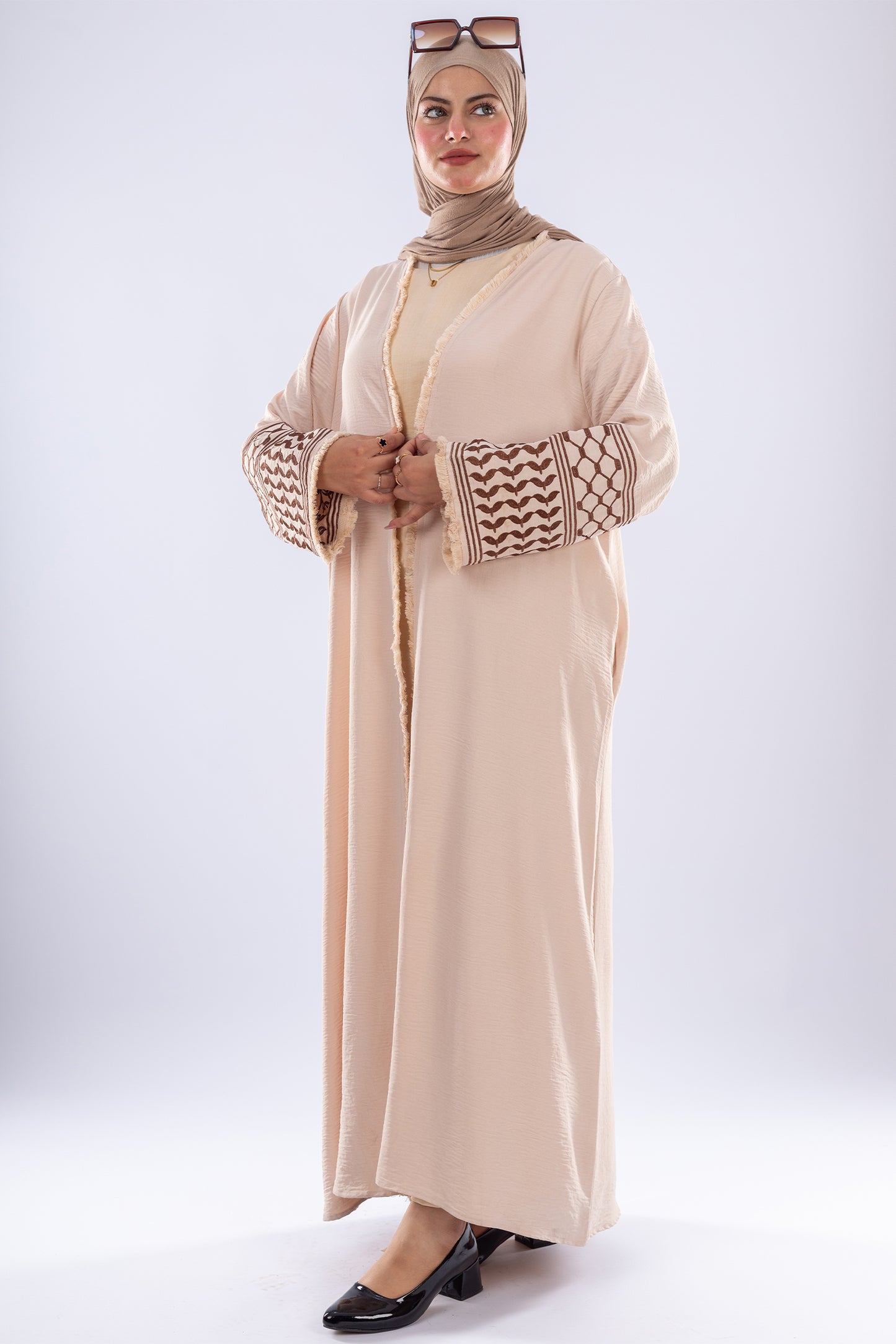 Elegant Beige Keffiyeh Inspired Abaya - Modest Fashion