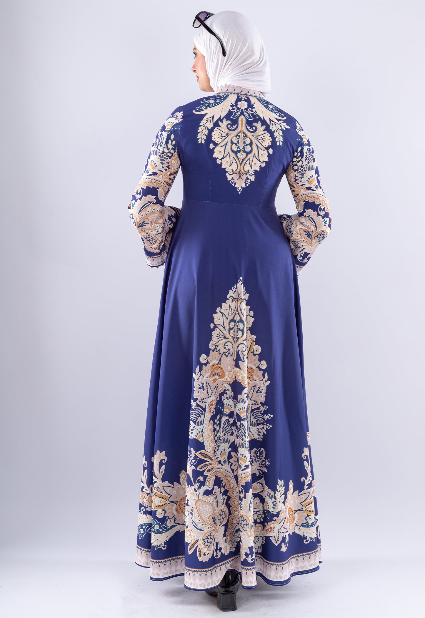 Elegant Royal Blue Floral Satin Modest Dress