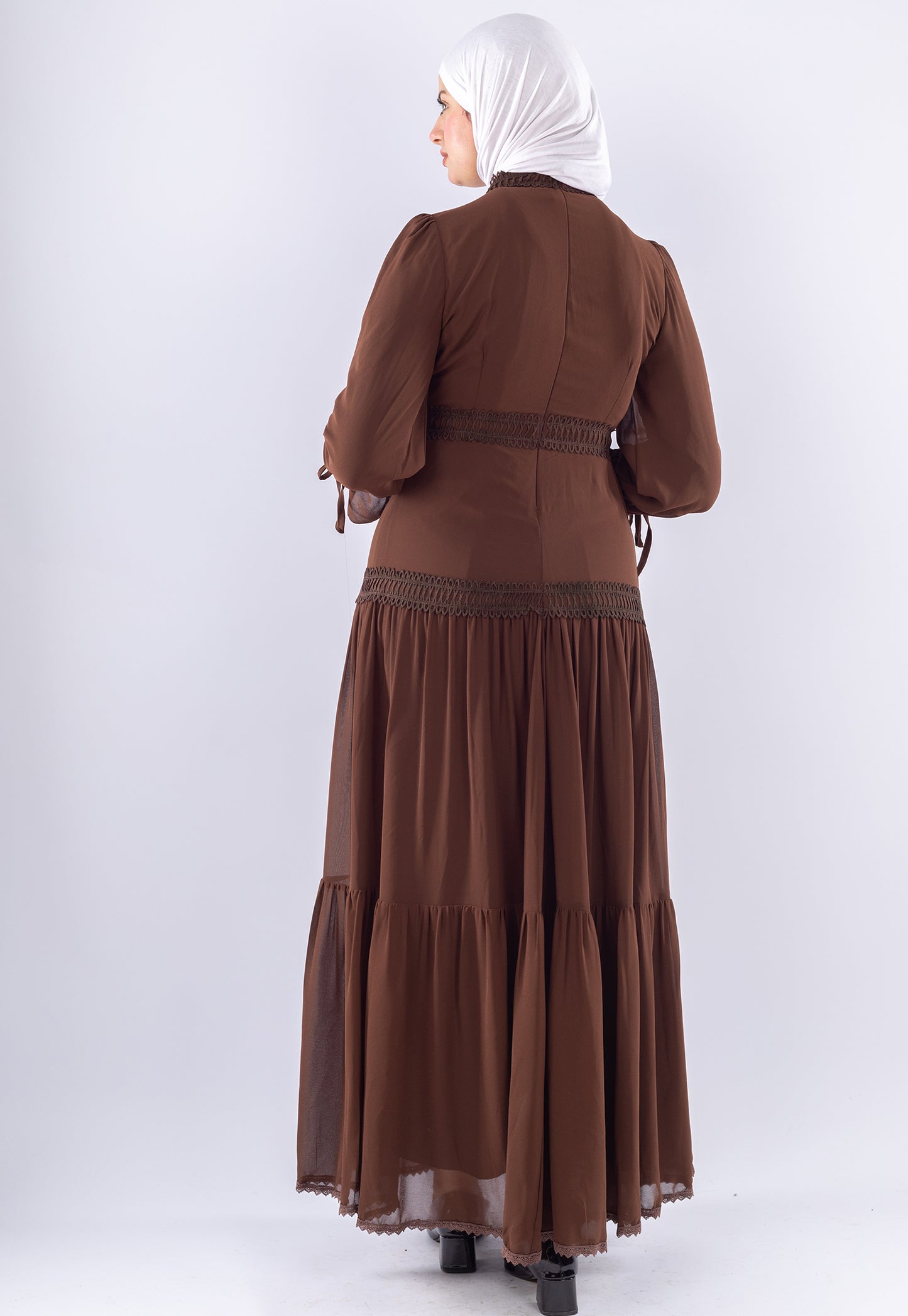 Maysa Brown Chiffon Maxi Dress with Lace Sleeves