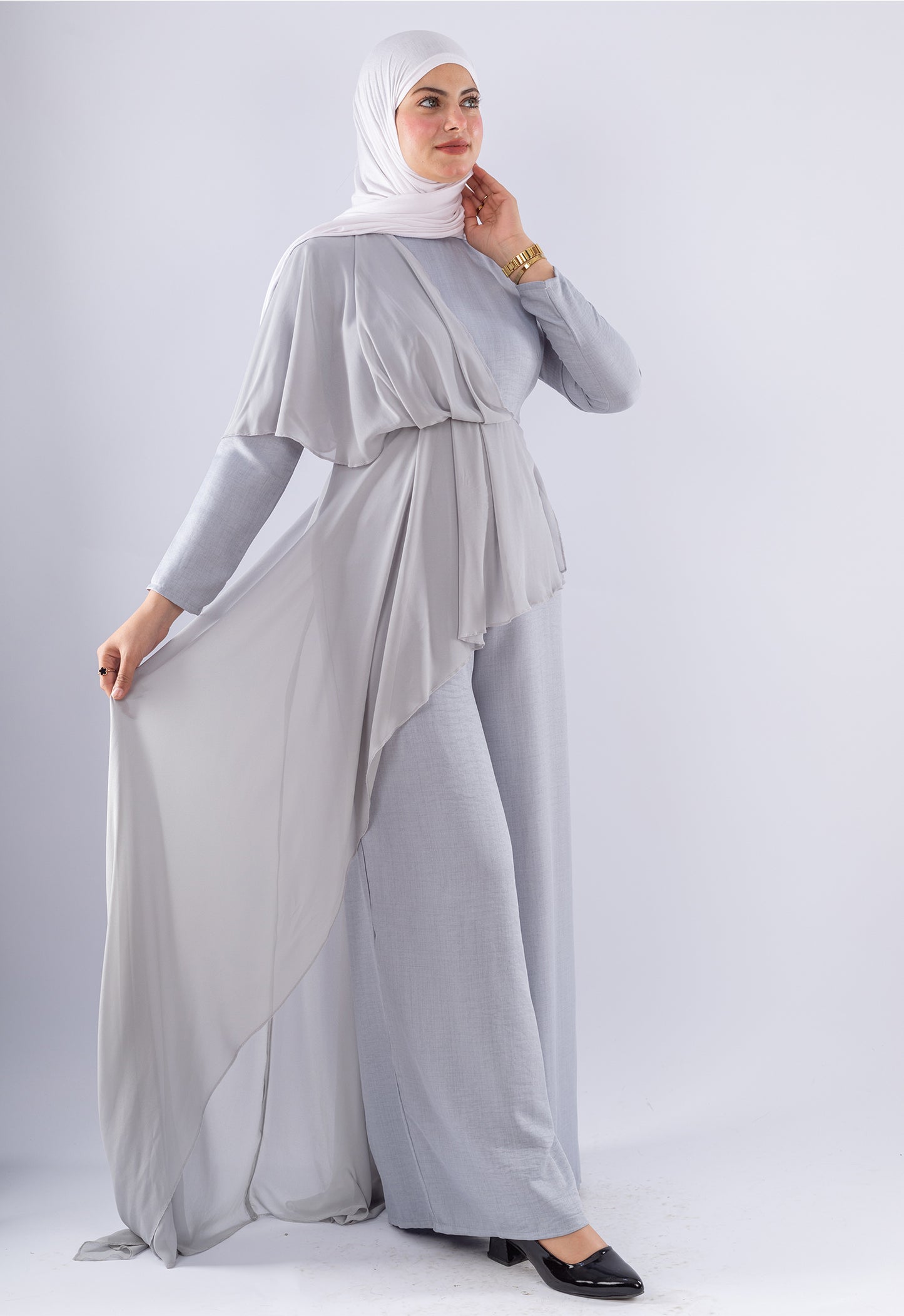 Elegant Wide-Leg Jumpsuit with Chiffon Skirt Overlay