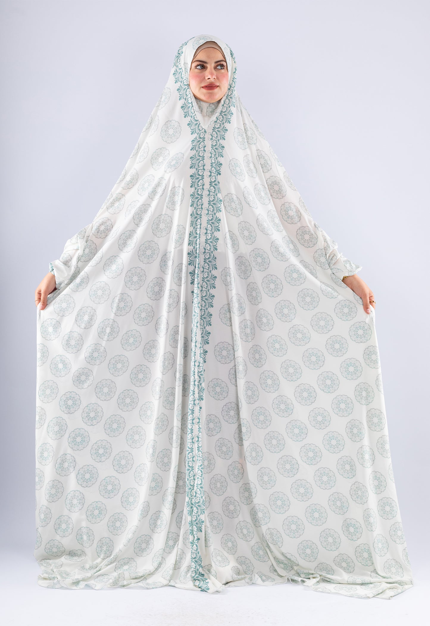 Elegant Floral Satin Prayer Gown | Extended Coverage