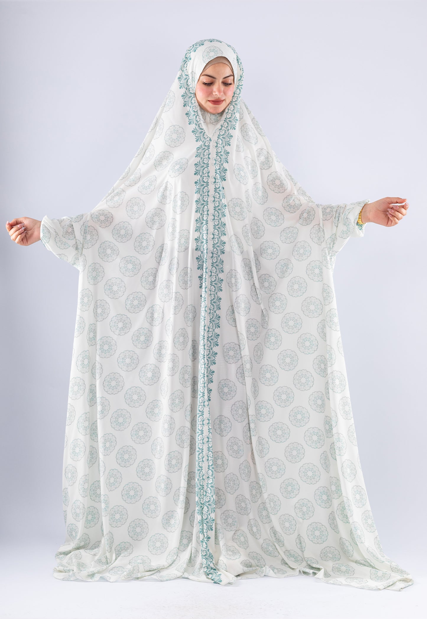 Elegant Floral Satin Prayer Gown | Extended Coverage