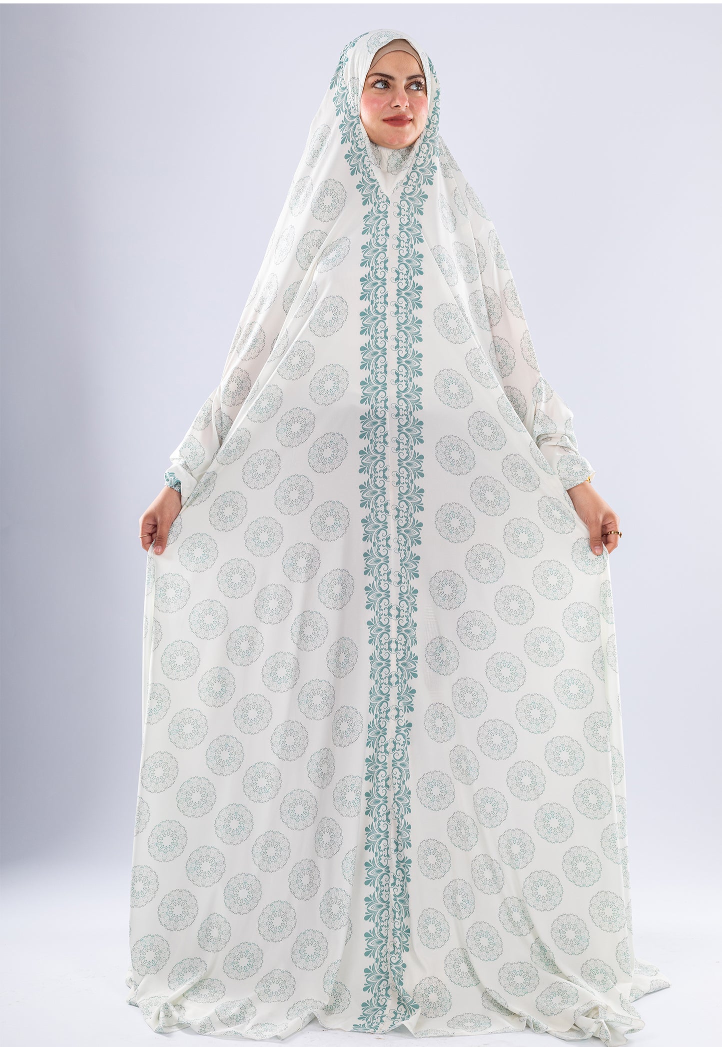 Elegant Floral Satin Prayer Gown | Extended Coverage