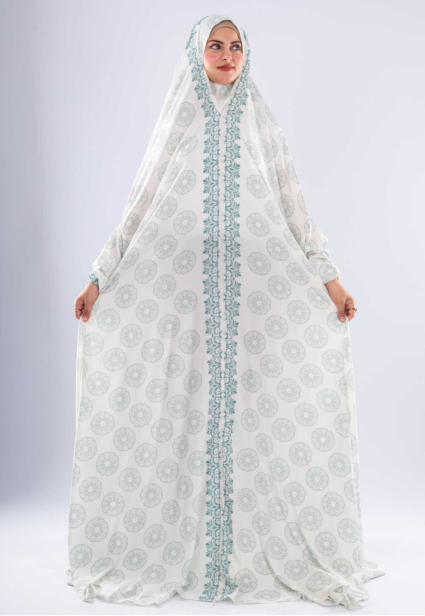 Elegant Floral Satin Prayer Gown | Extended Coverage