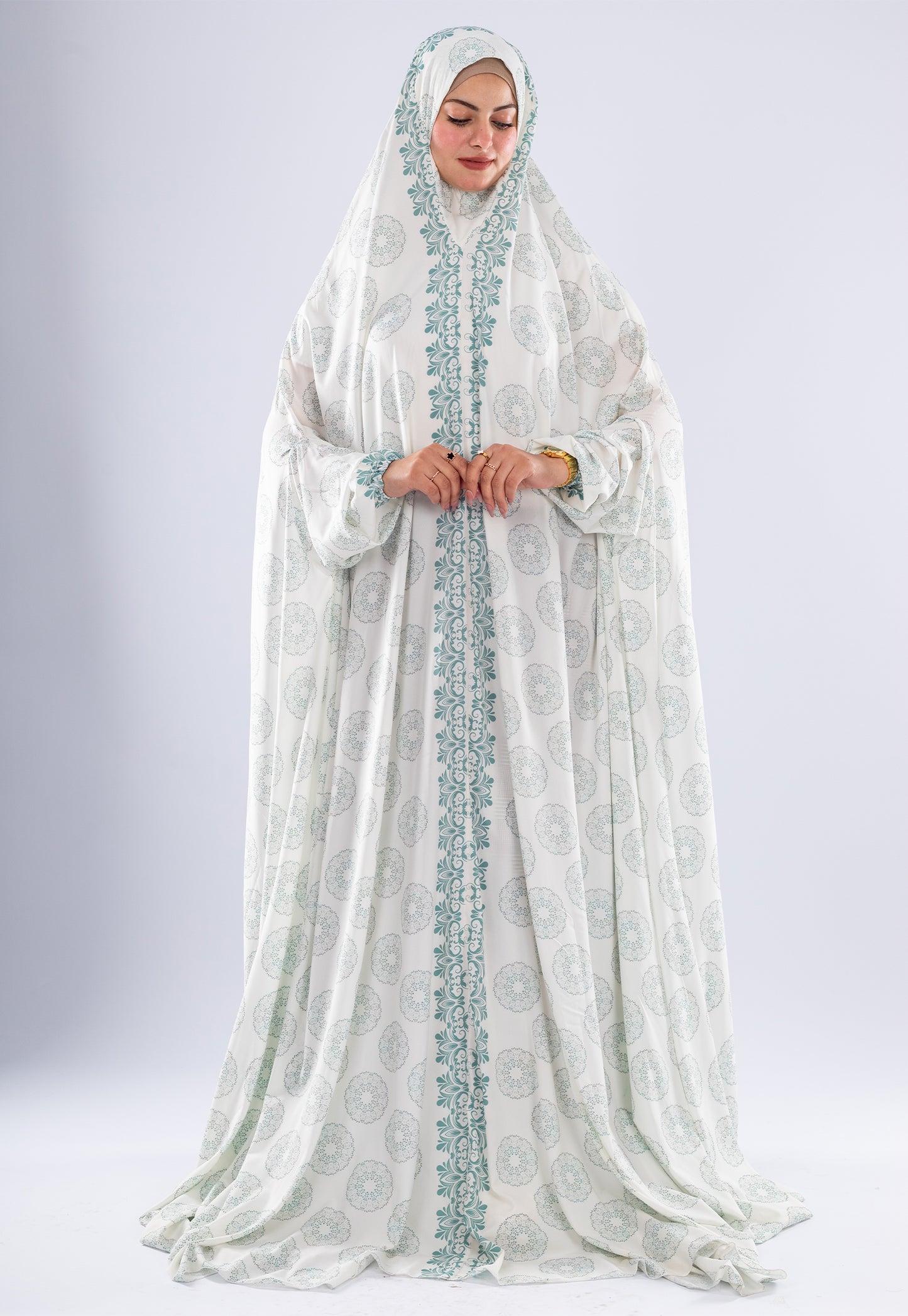 Elegant Floral Satin Prayer Gown | Extended Coverage