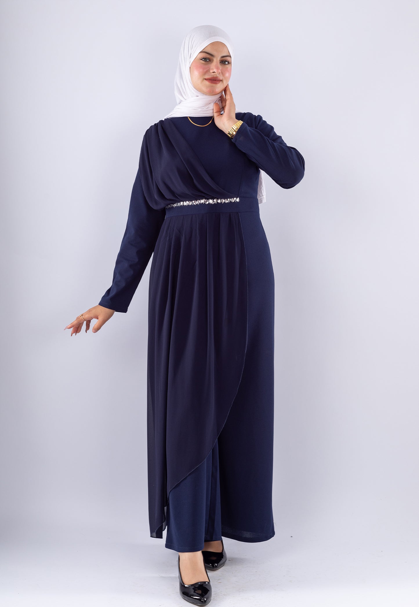 Elegant Navy Blue Modest Jumpsuit with Chiffon Overlay