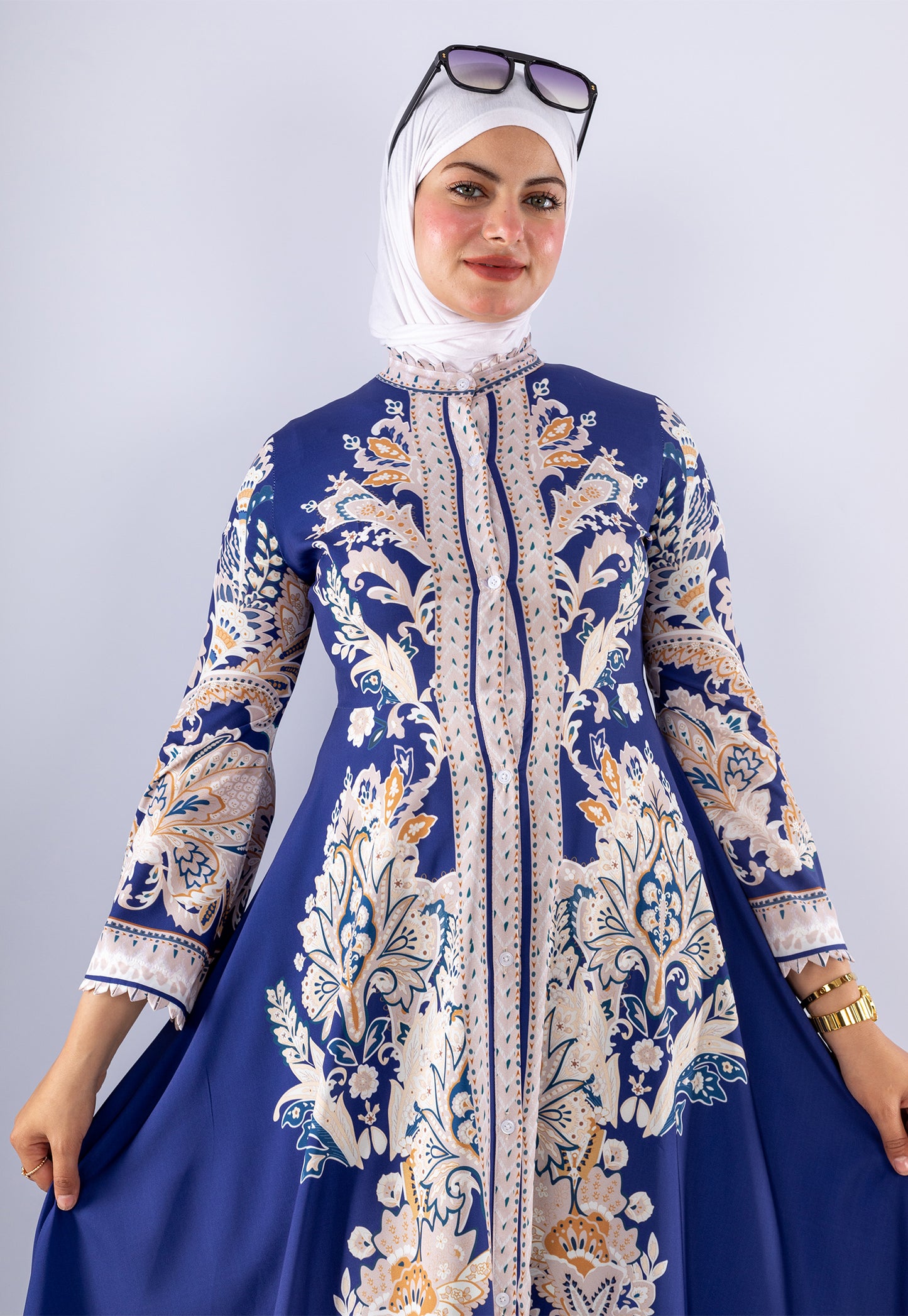 Elegant Royal Blue Floral Satin Modest Dress
