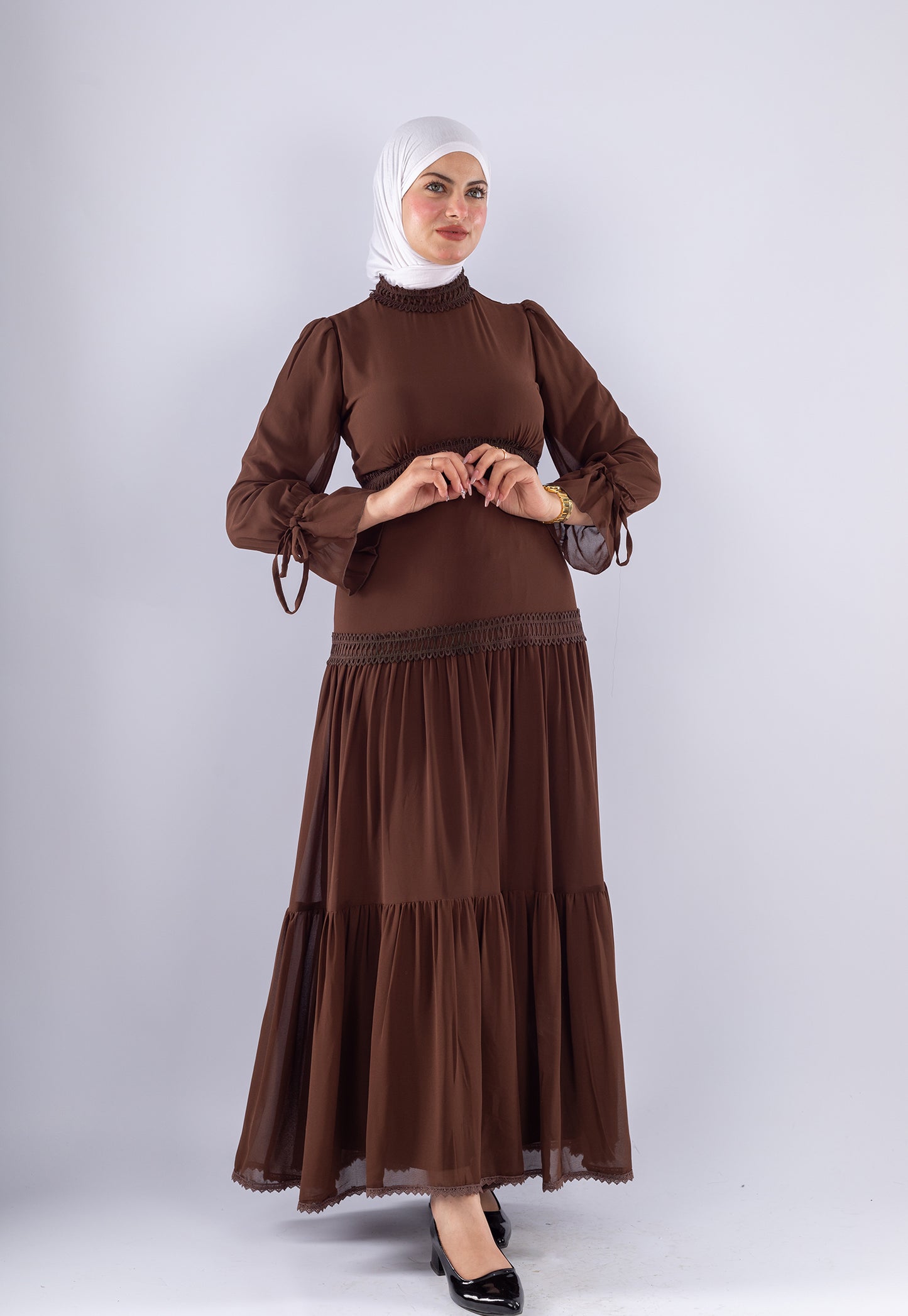 Maysa Brown Chiffon Maxi Dress with Lace Sleeves
