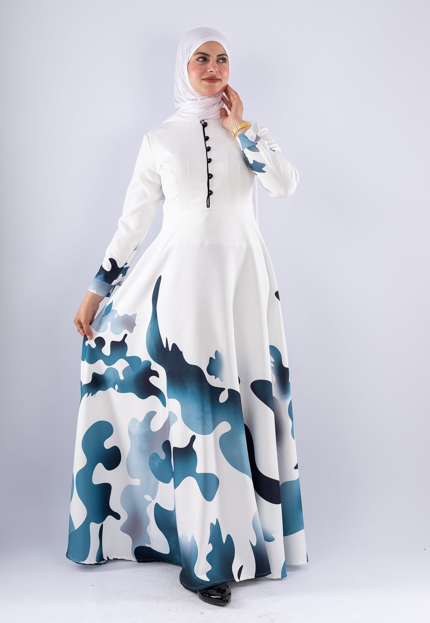 Jumana Blue Wave Abstract Crepe Maxi Dress