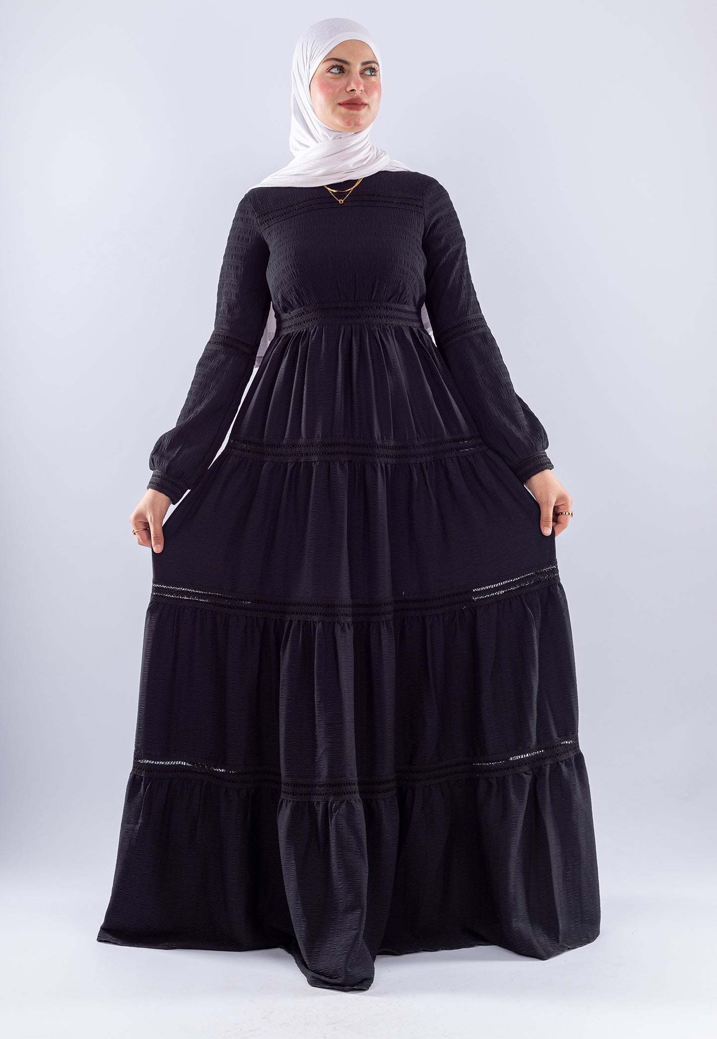 Rawan Black Tiered Maxi Dress | Modest Long Sleeve