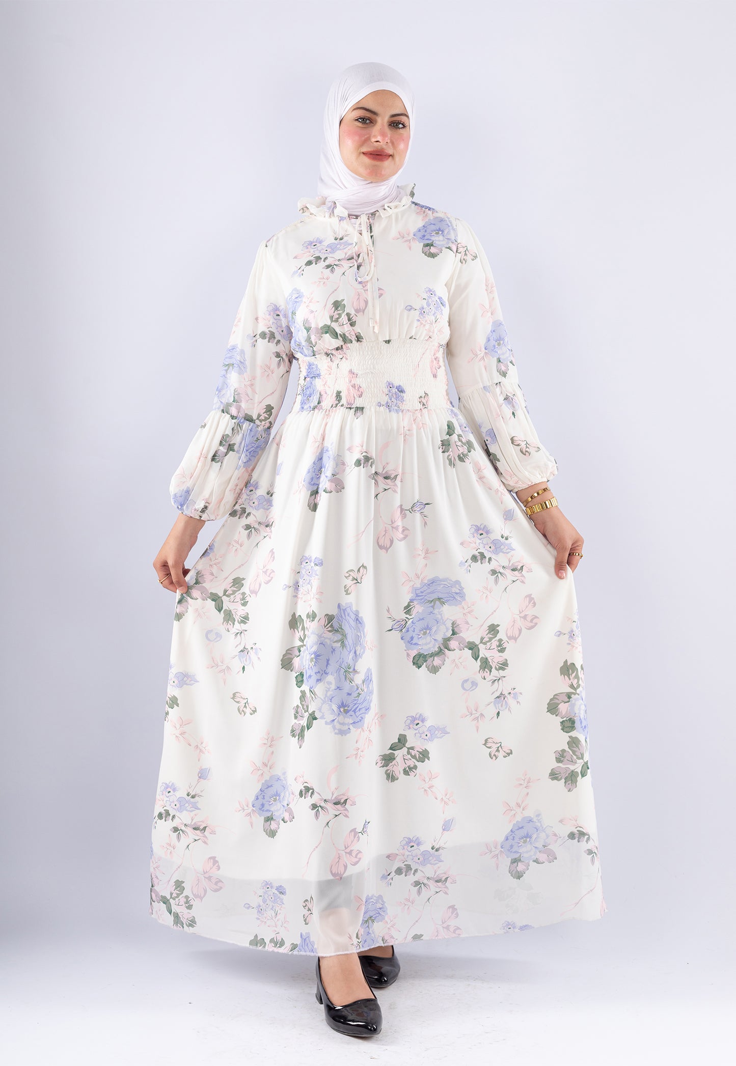 Aisha White Floral Print Maxi Dress with High Neck | Modest Fashion