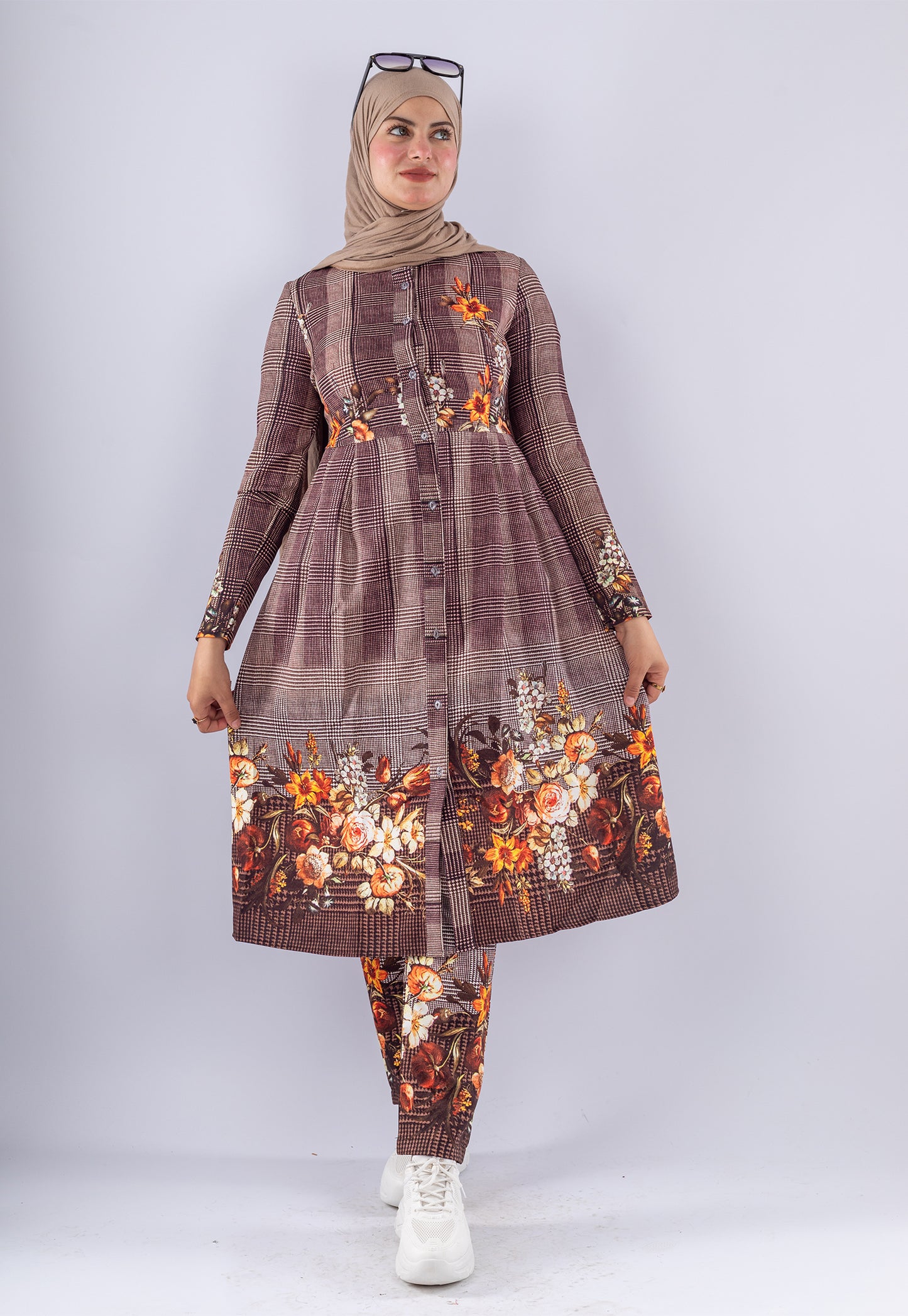 Elegant Brown Floral Print Tunic & Pants Set | Modest Outfit