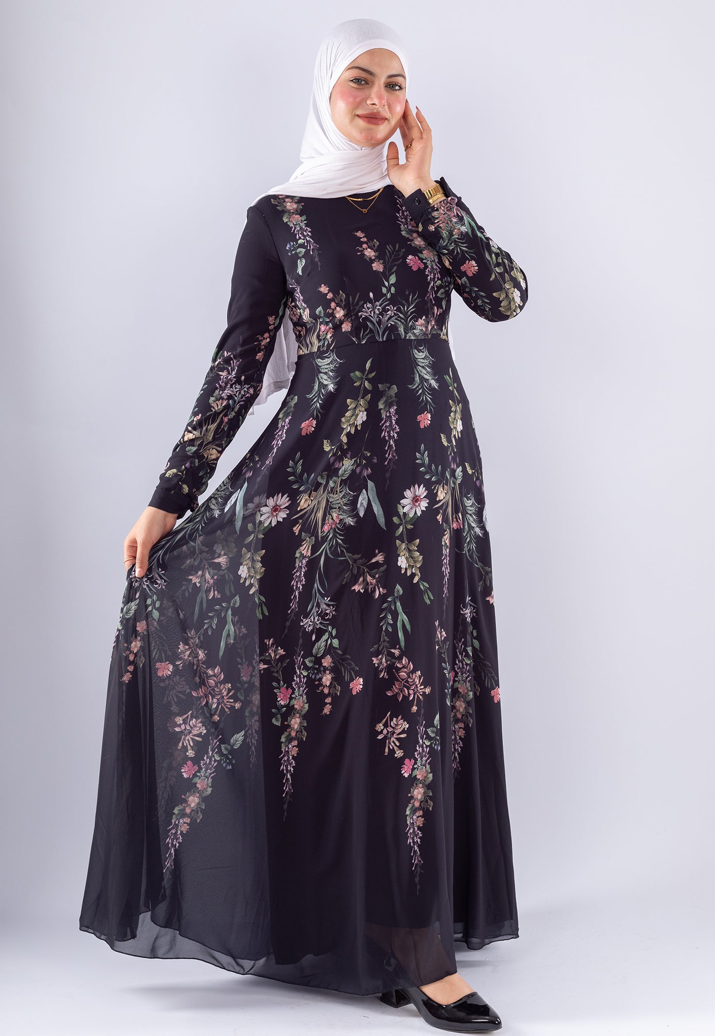 Aysal Floral Chiffon Maxi Dress | Long Sleeve Modest Wear