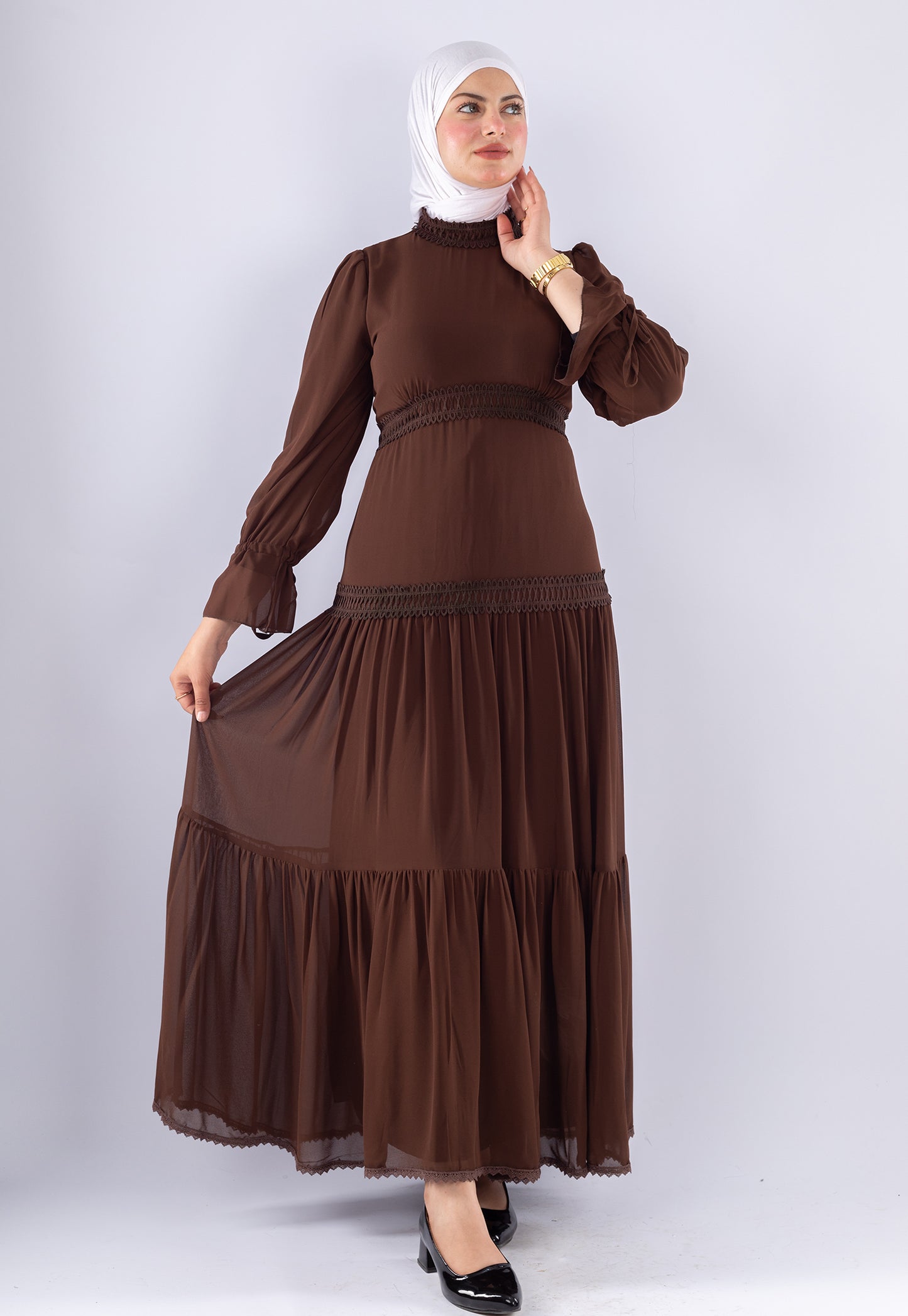 Maysa Brown Chiffon Maxi Dress with Lace Sleeves