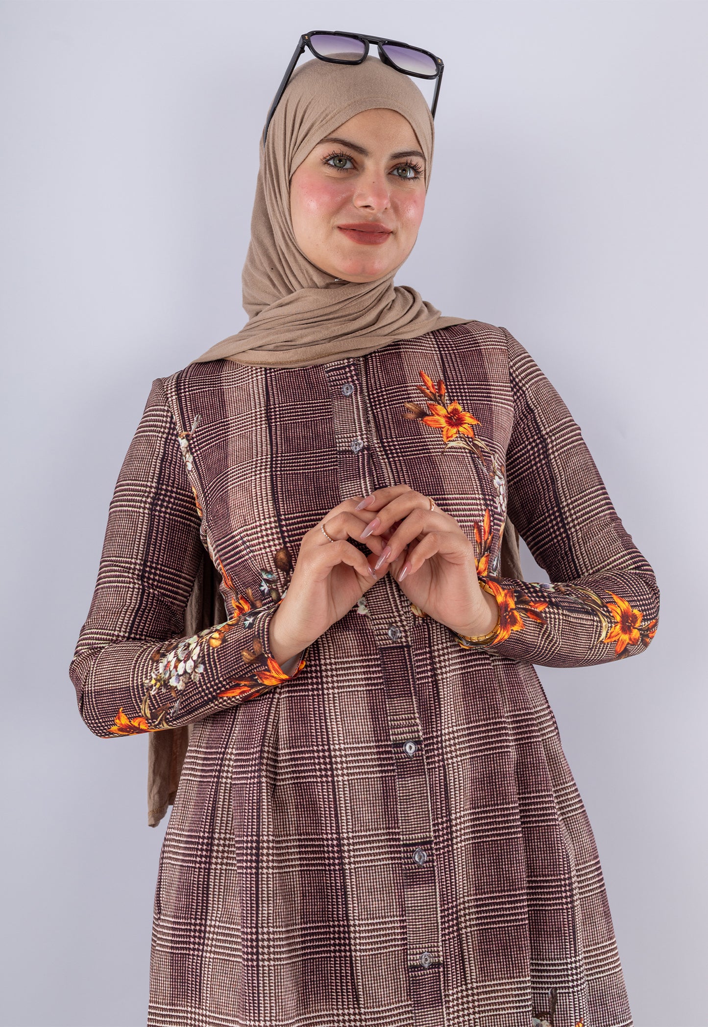 Elegant Brown Floral Print Tunic & Pants Set | Modest Outfit