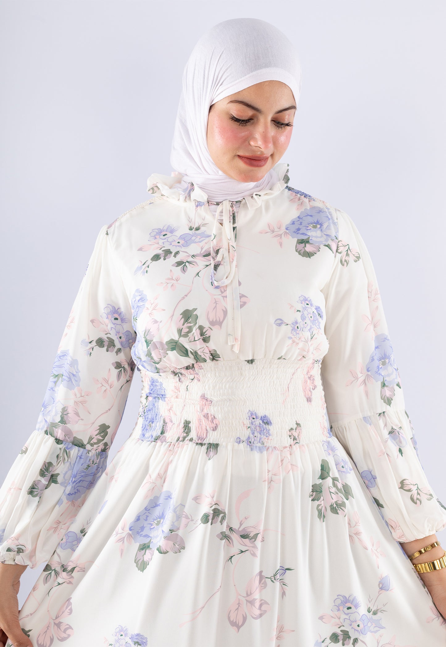 Aisha White Floral Print Maxi Dress with High Neck | Modest Fashion