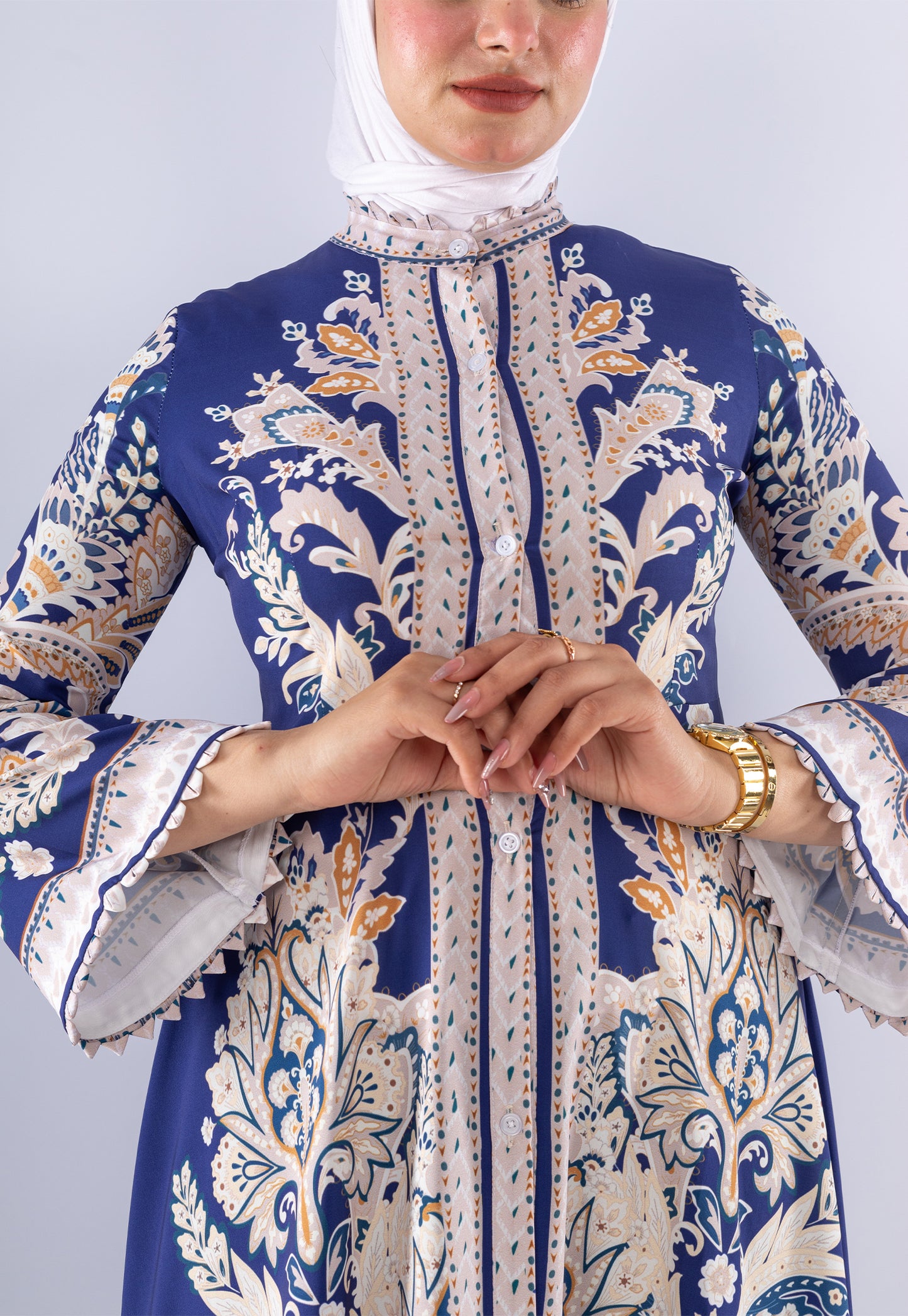 Elegant Royal Blue Floral Satin Modest Dress
