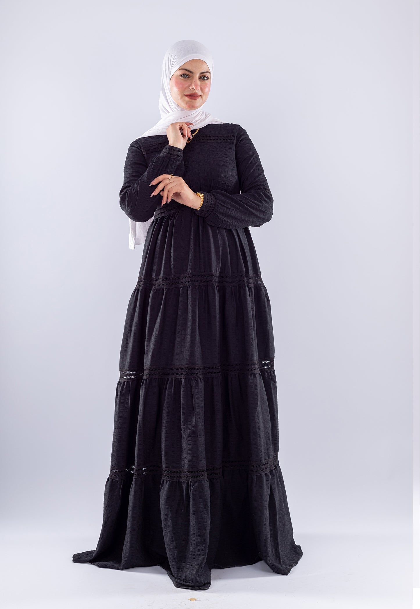 Rawan Black Tiered Maxi Dress | Modest Long Sleeve