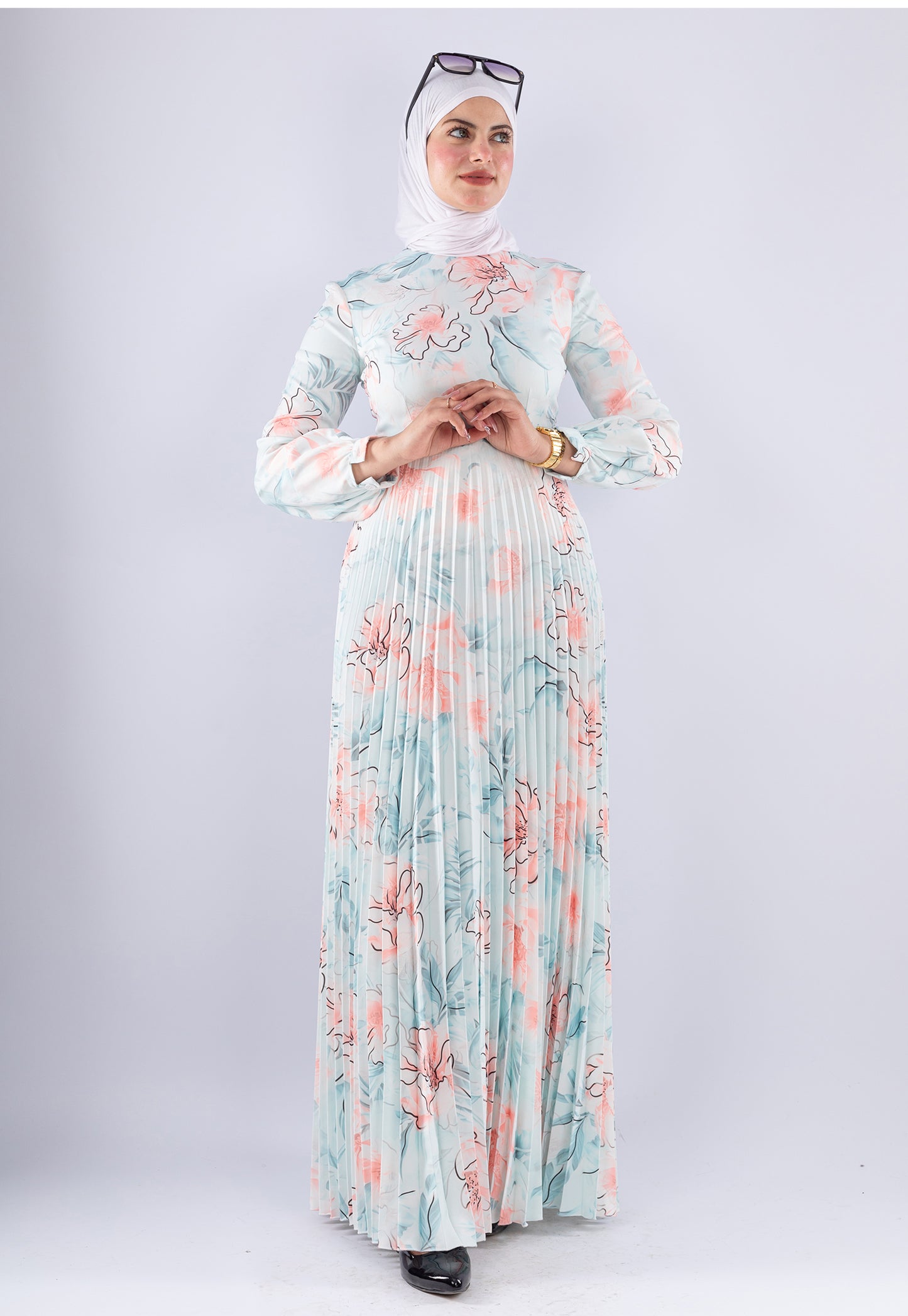 Sereen Elegant White Floral Pleated Modesty Dress