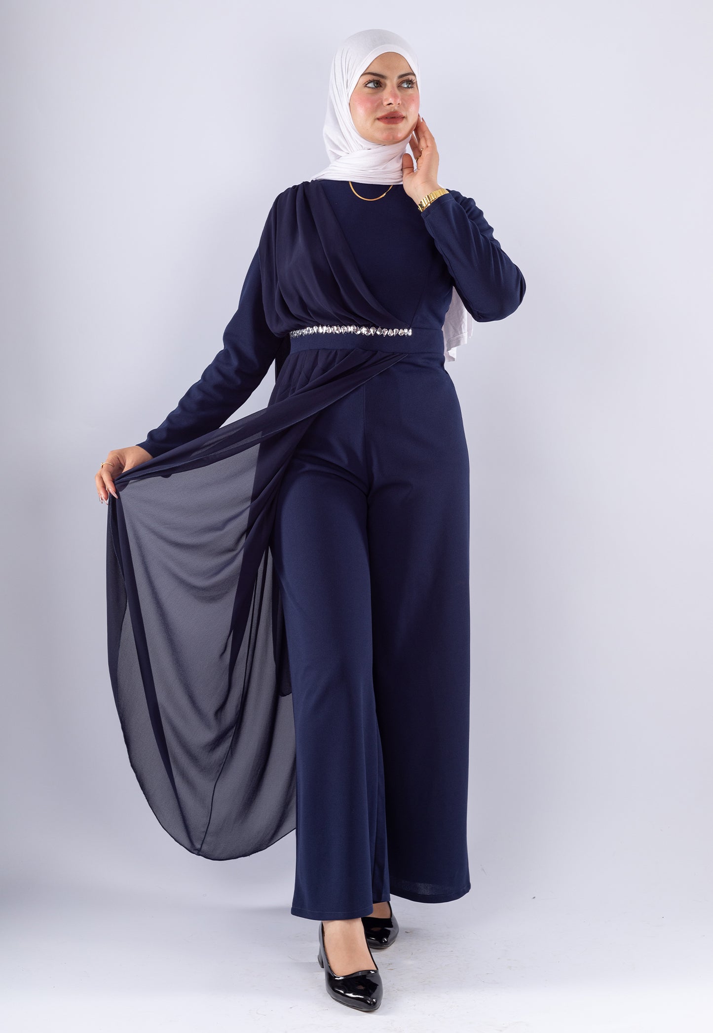 Elegant Navy Blue Modest Jumpsuit with Chiffon Overlay
