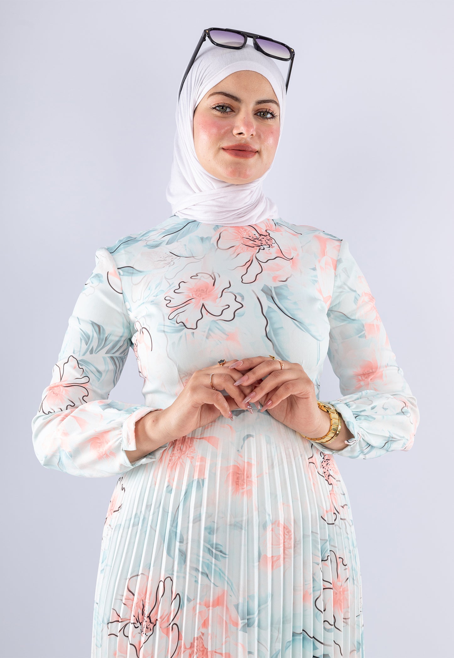 Sereen Elegant White Floral Pleated Modesty Dress