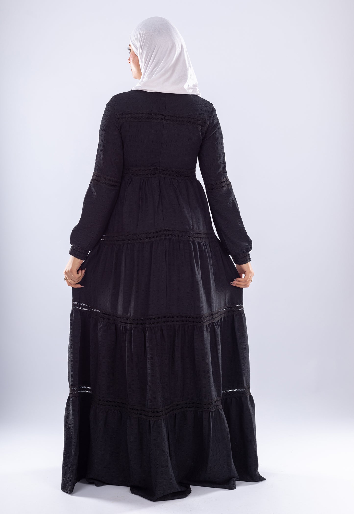 Rawan Black Tiered Maxi Dress | Modest Long Sleeve