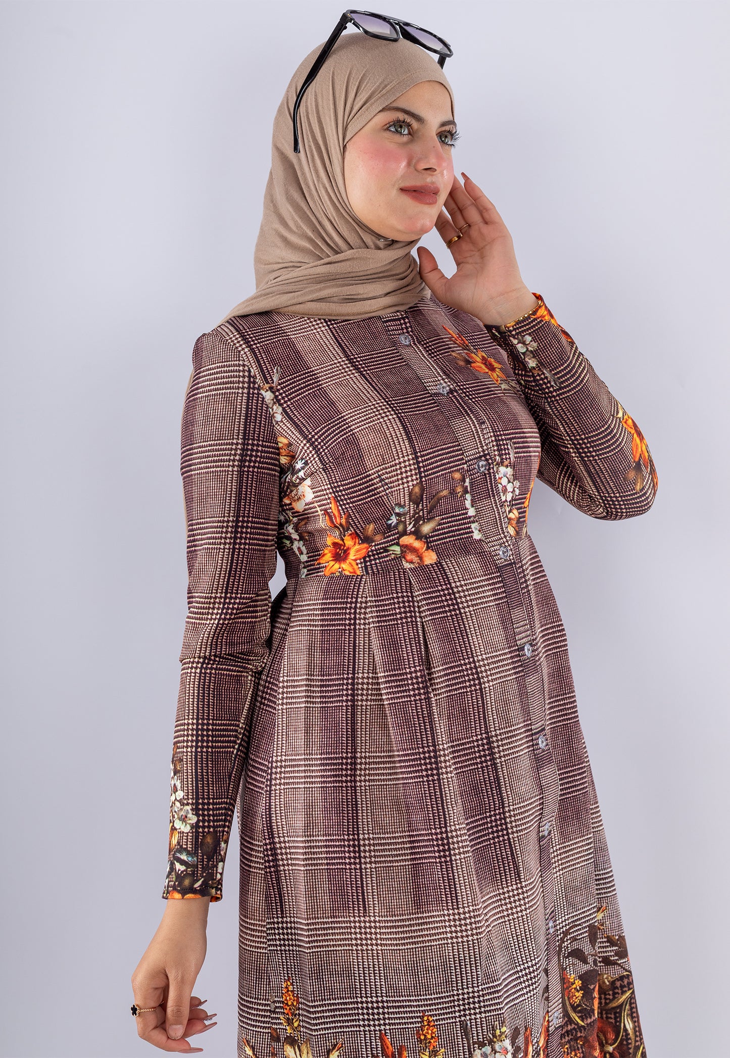Elegant Brown Floral Print Tunic & Pants Set | Modest Outfit
