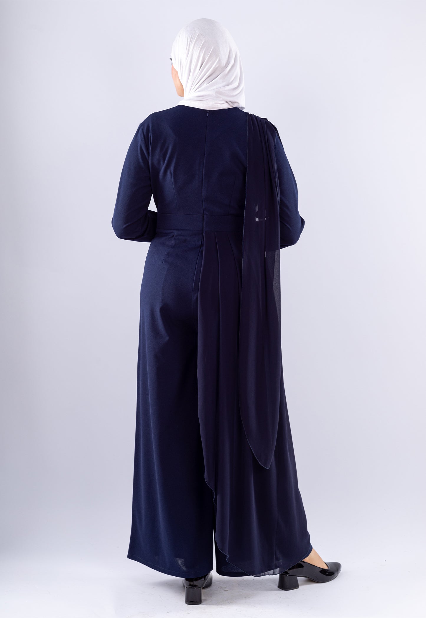 Elegant Navy Blue Modest Jumpsuit with Chiffon Overlay