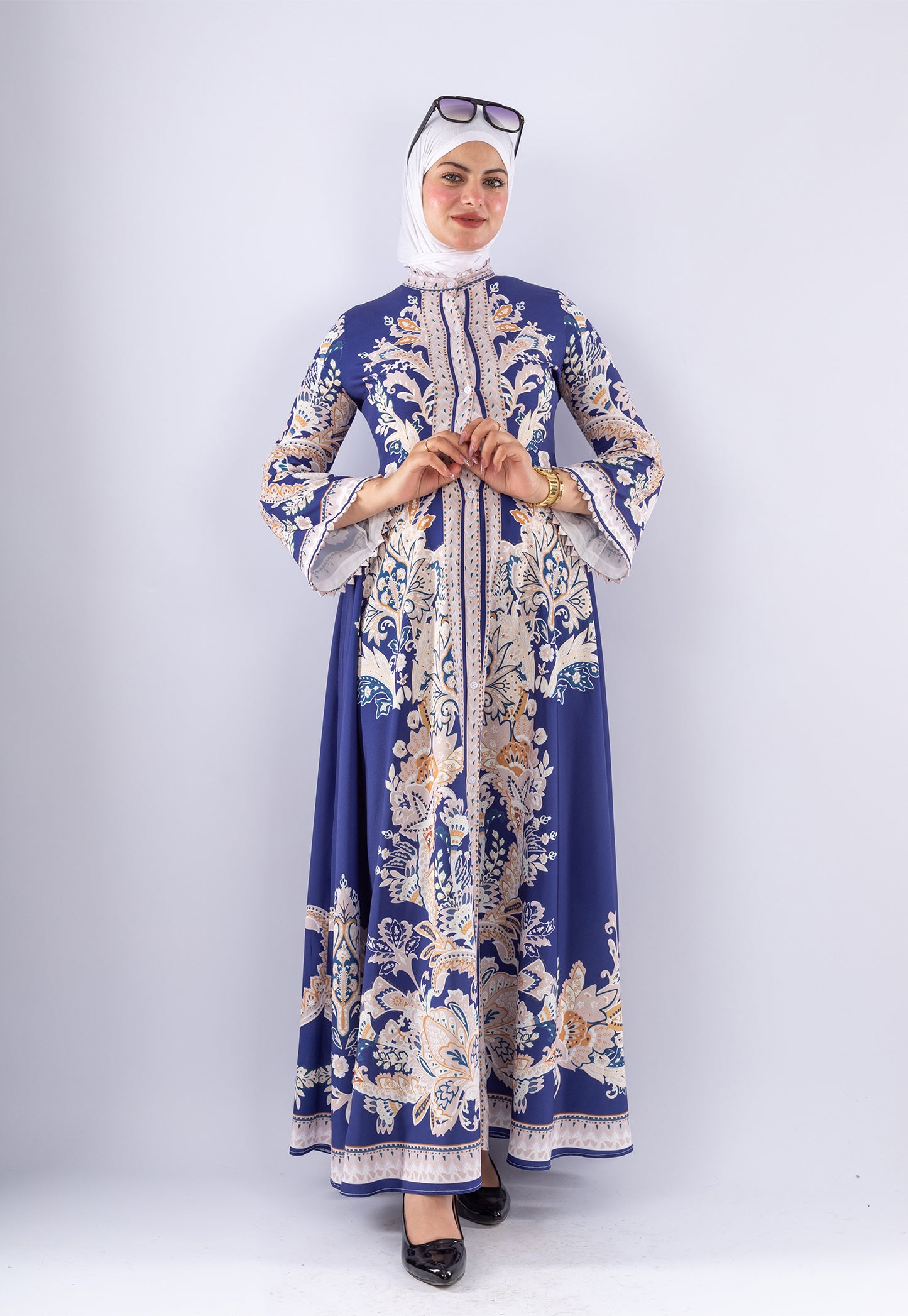 Elegant Royal Blue Floral Satin Modest Dress