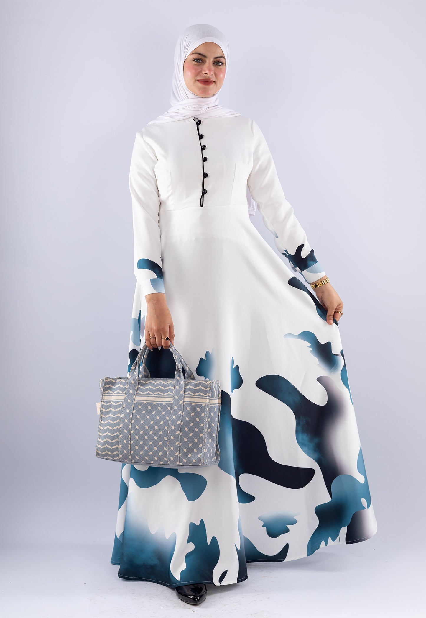 Jumana Blue Wave Abstract Crepe Maxi Dress