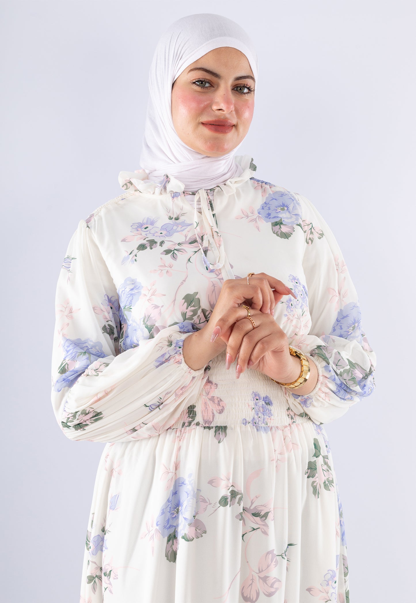 Aisha White Floral Print Maxi Dress with High Neck | Modest Fashion