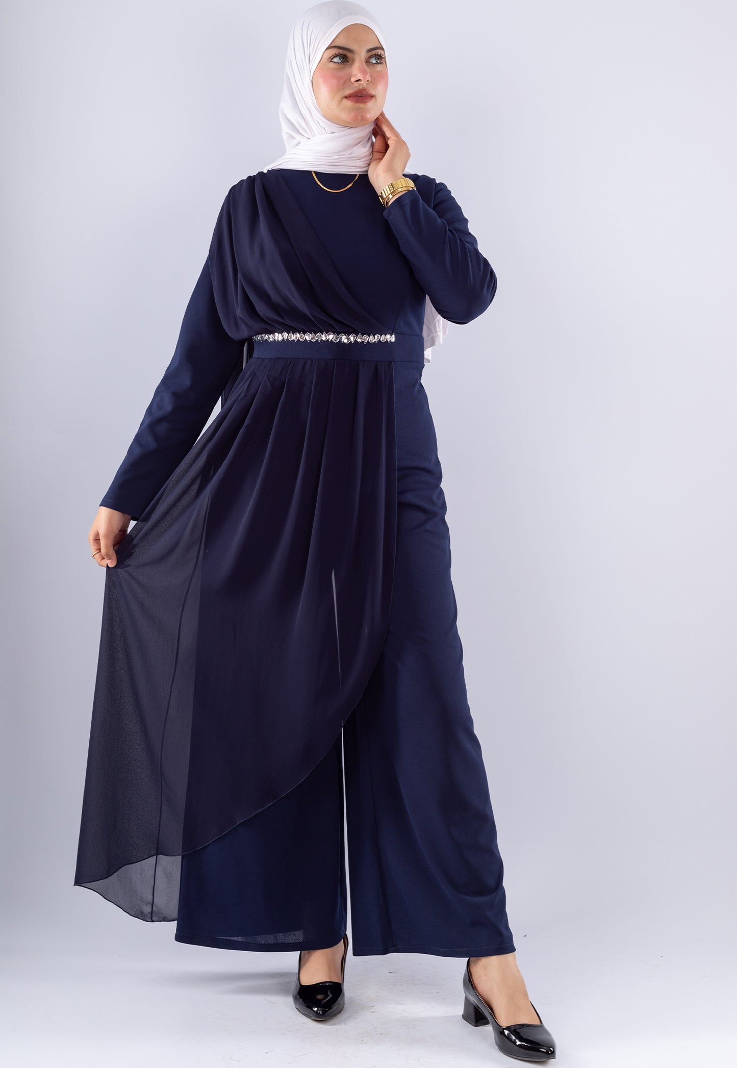 Elegant Navy Blue Modest Jumpsuit with Chiffon Overlay