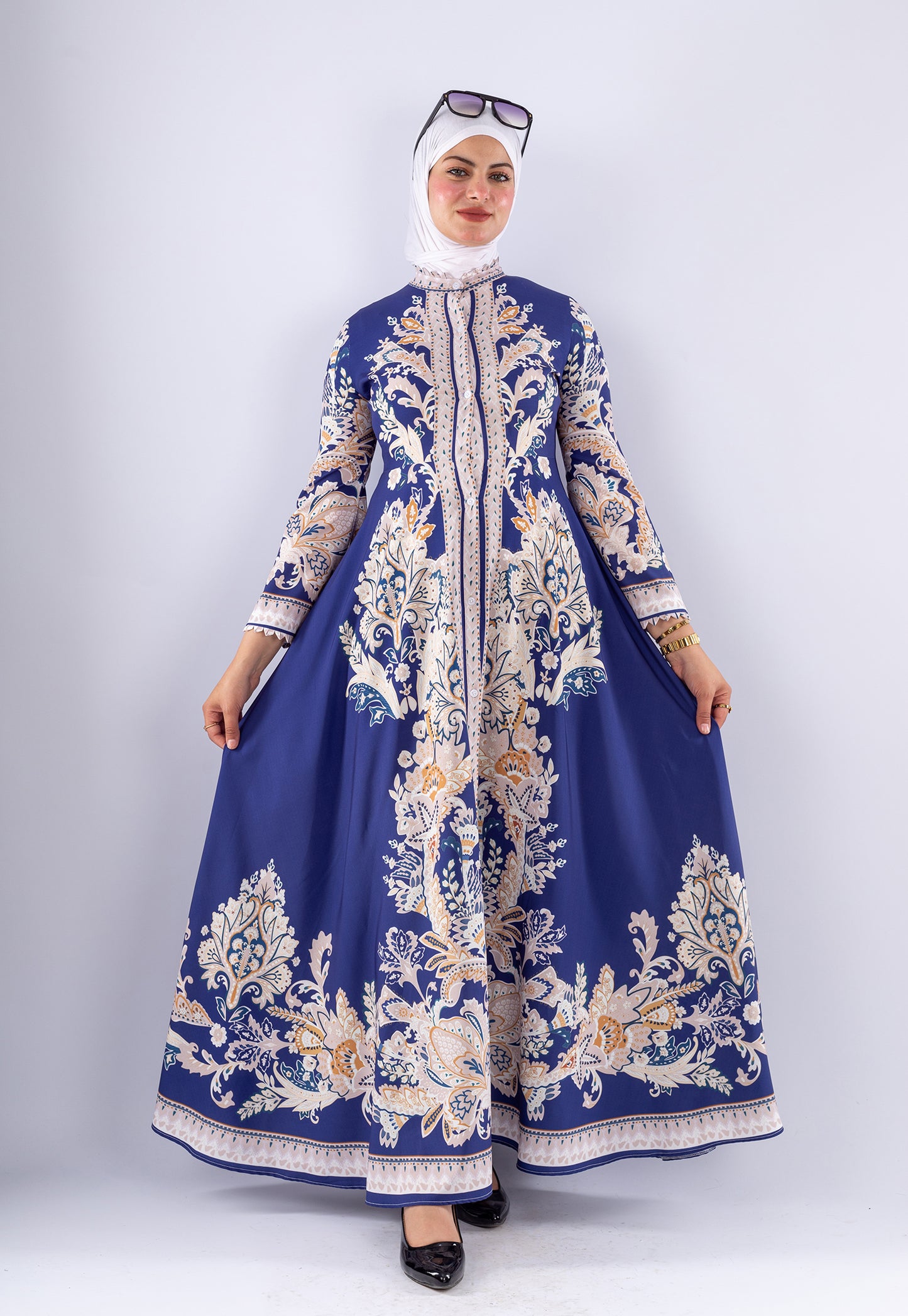 Elegant Royal Blue Floral Satin Modest Dress
