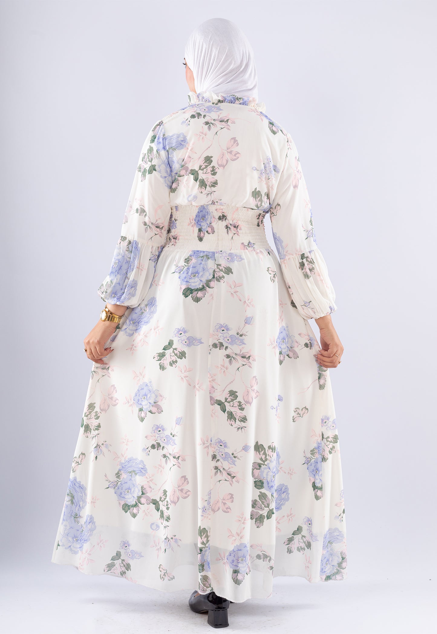 Aisha White Floral Print Maxi Dress with High Neck | Modest Fashion
