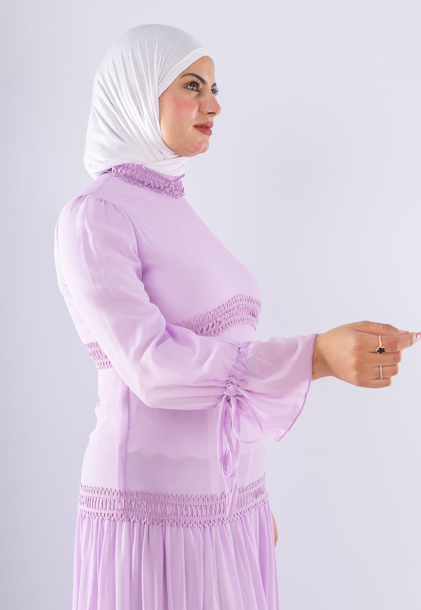 Flowing Mauve Maxi Dress with Lace Cuffs