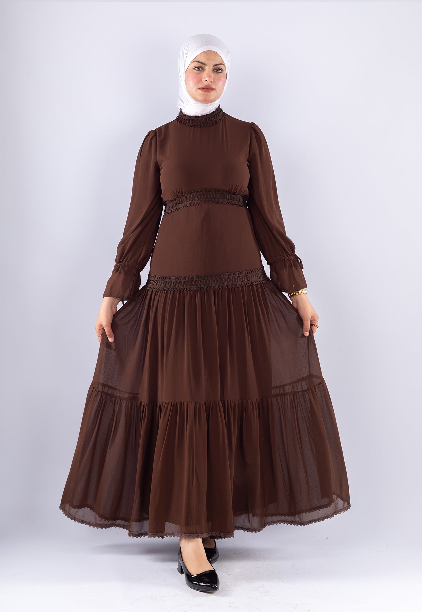Maysa Brown Chiffon Maxi Dress with Lace Sleeves