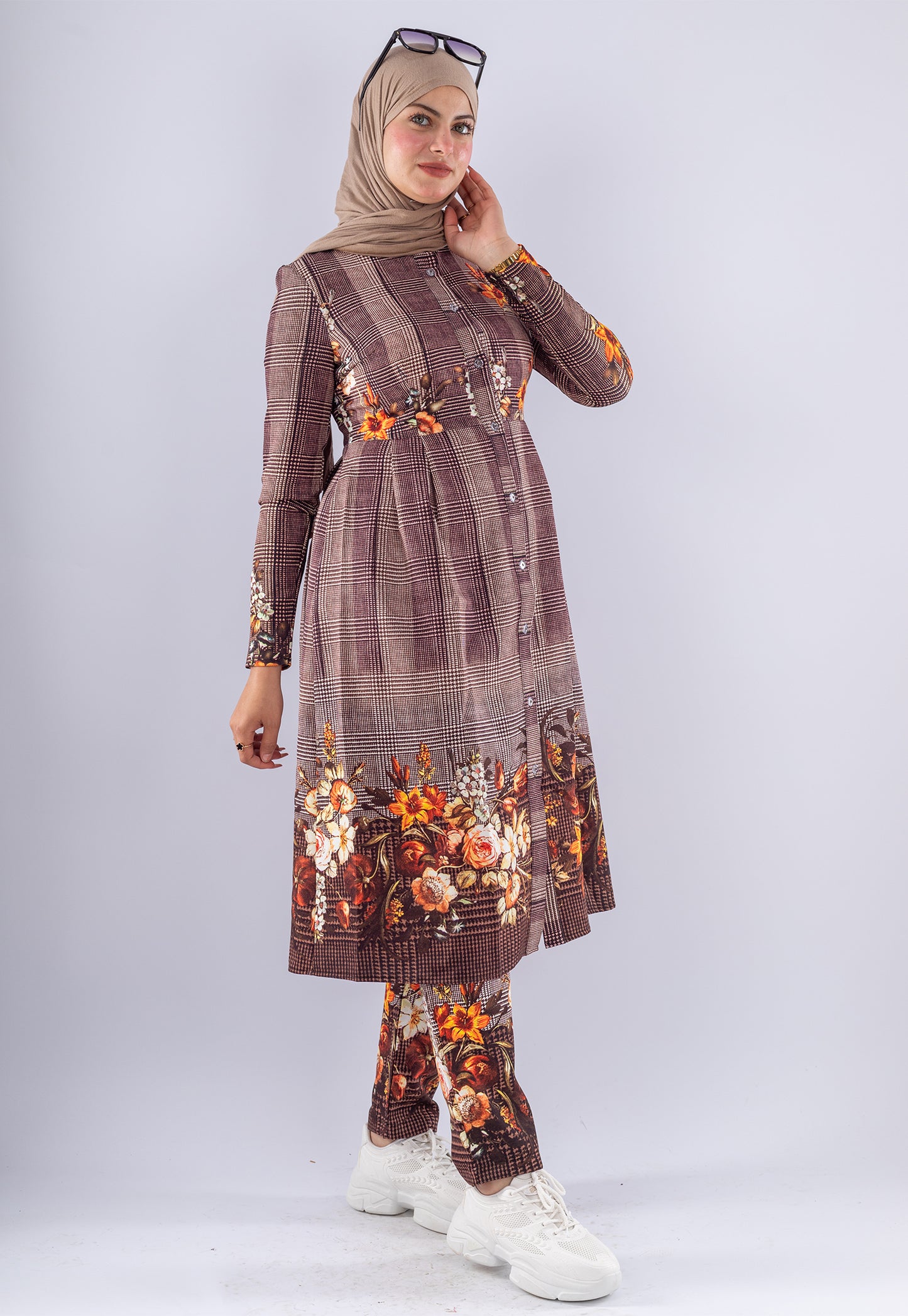 Elegant Brown Floral Print Tunic & Pants Set | Modest Outfit