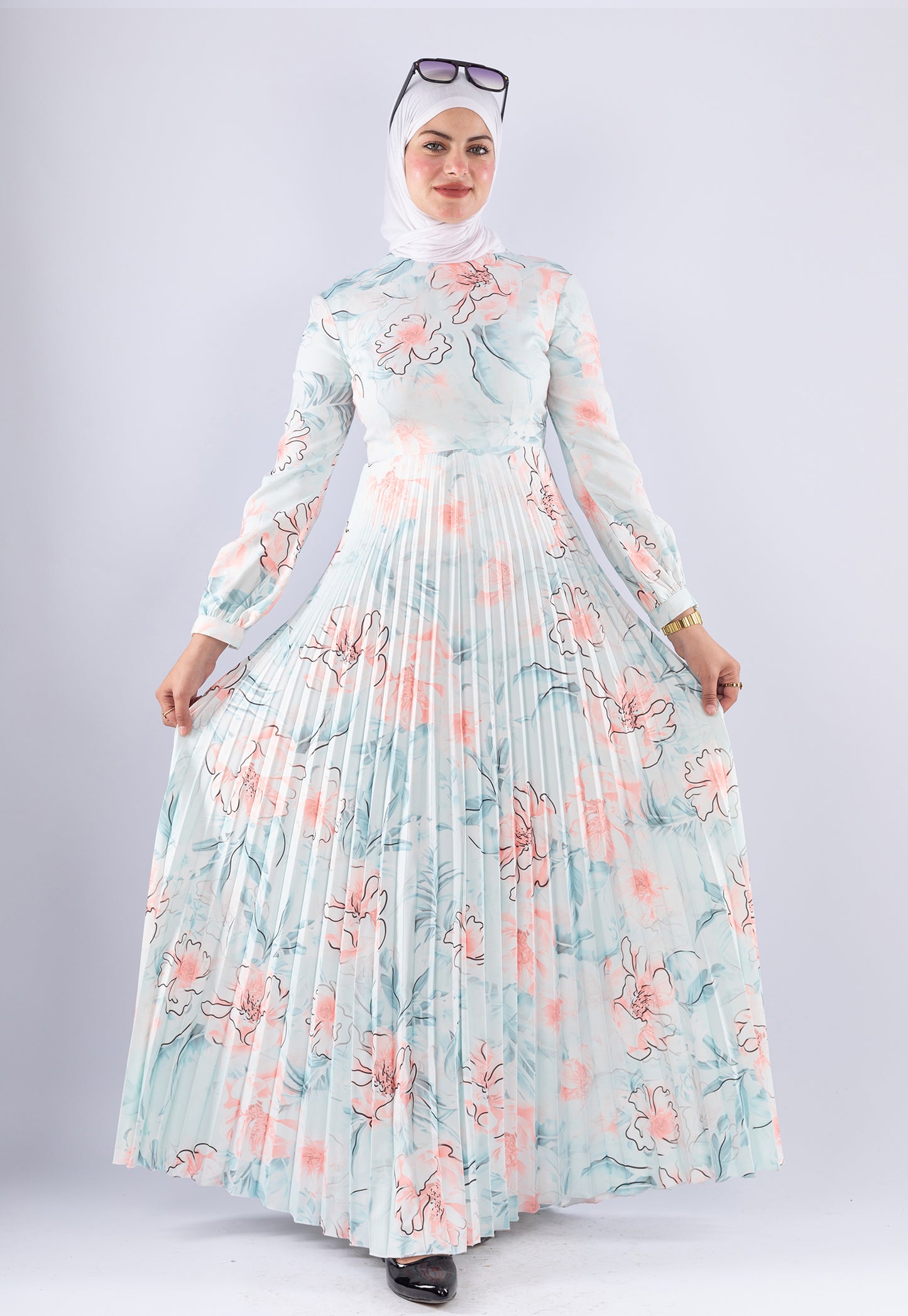 Sereen Elegant White Floral Pleated Modesty Dress
