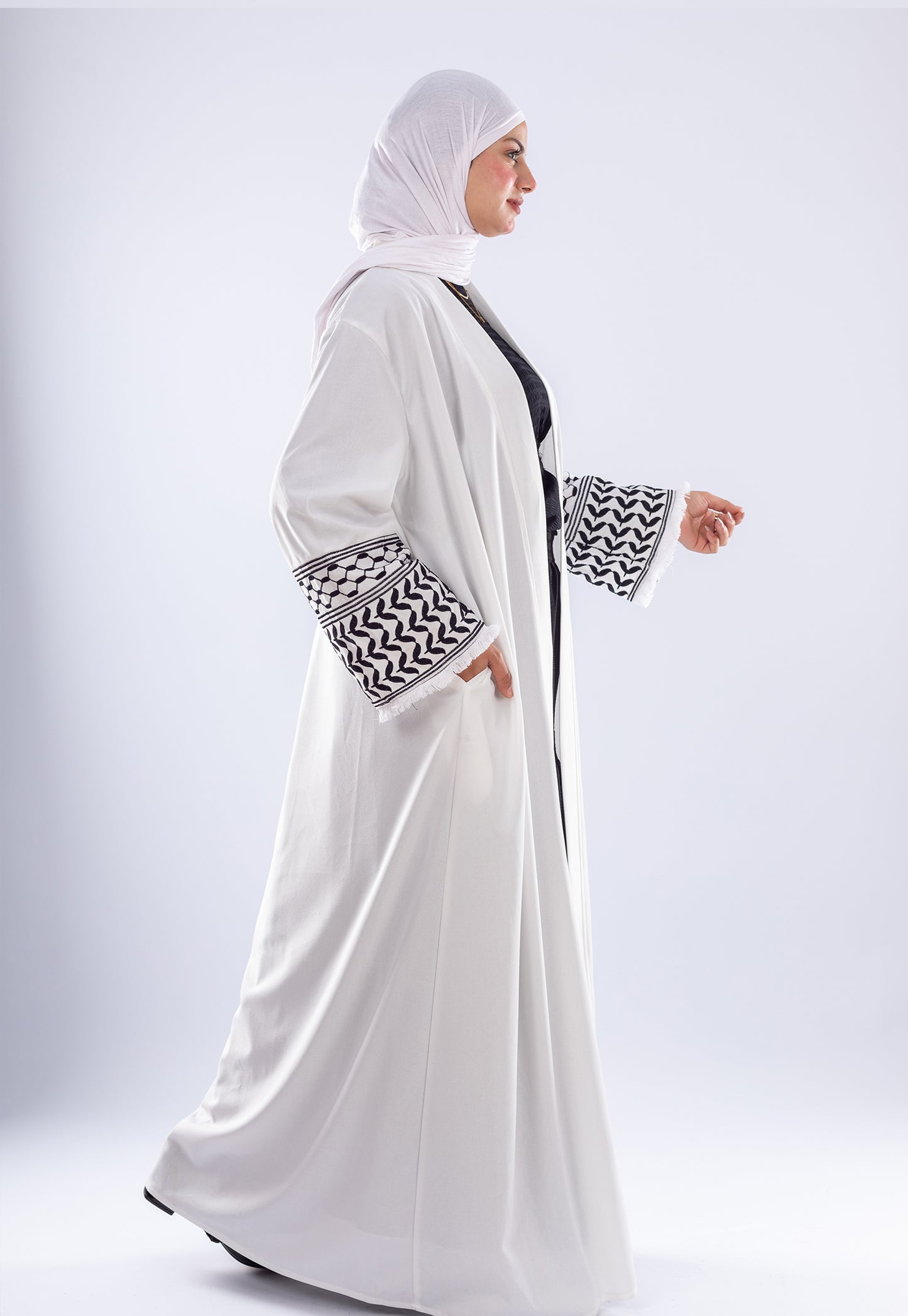 White Keffiyeh Inspired Abaya | Elegant Modest Wear