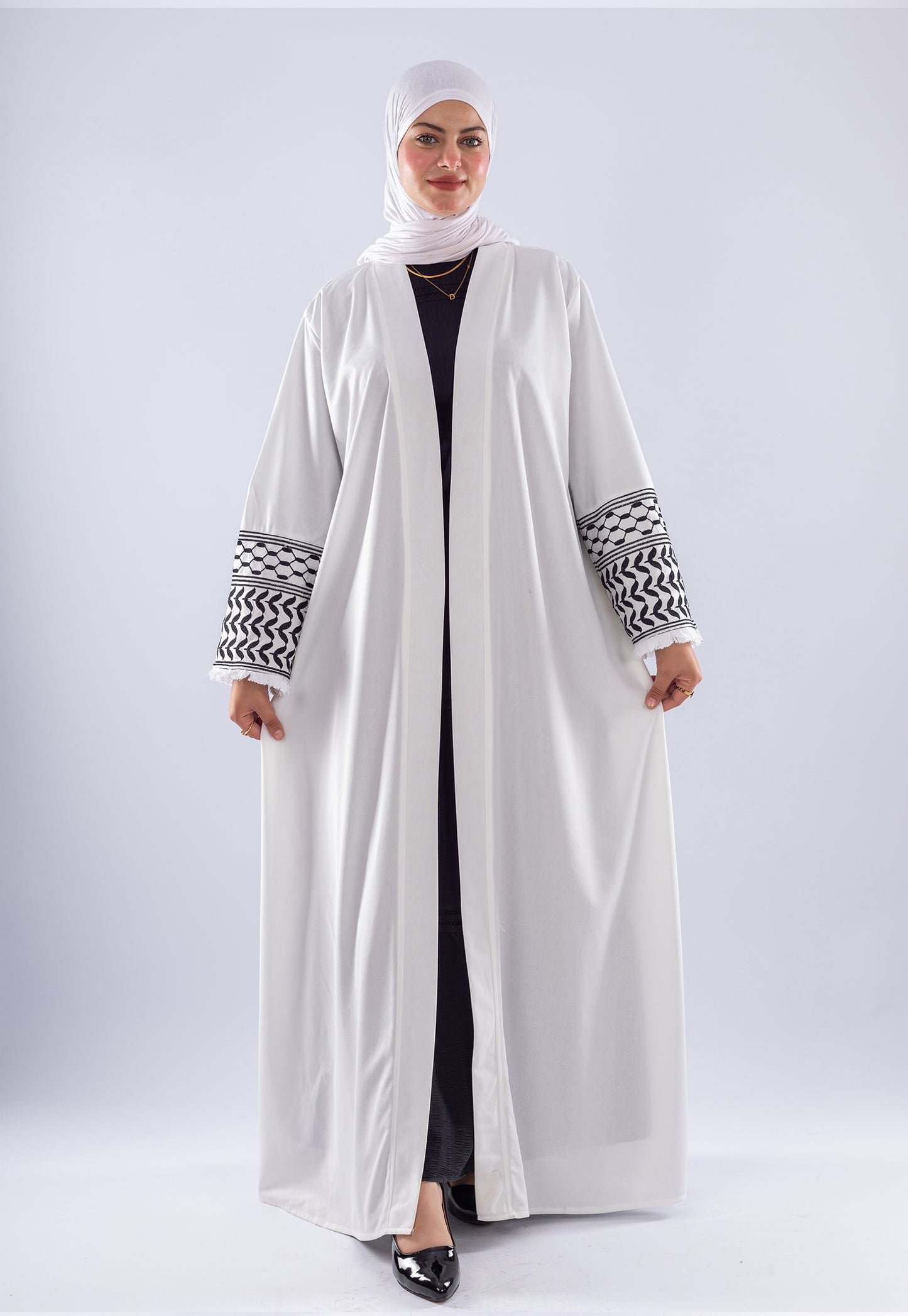 White Keffiyeh Inspired Abaya | Elegant Modest Wear
