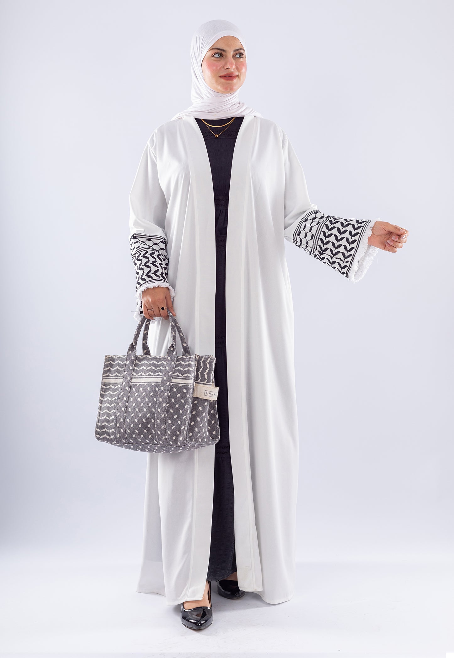 White Keffiyeh Inspired Abaya | Elegant Modest Wear