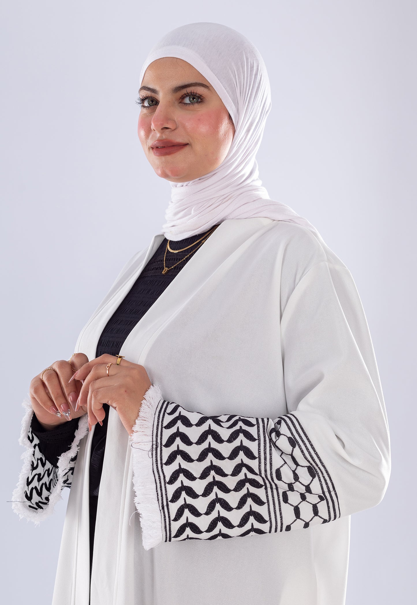 White Keffiyeh Inspired Abaya | Elegant Modest Wear