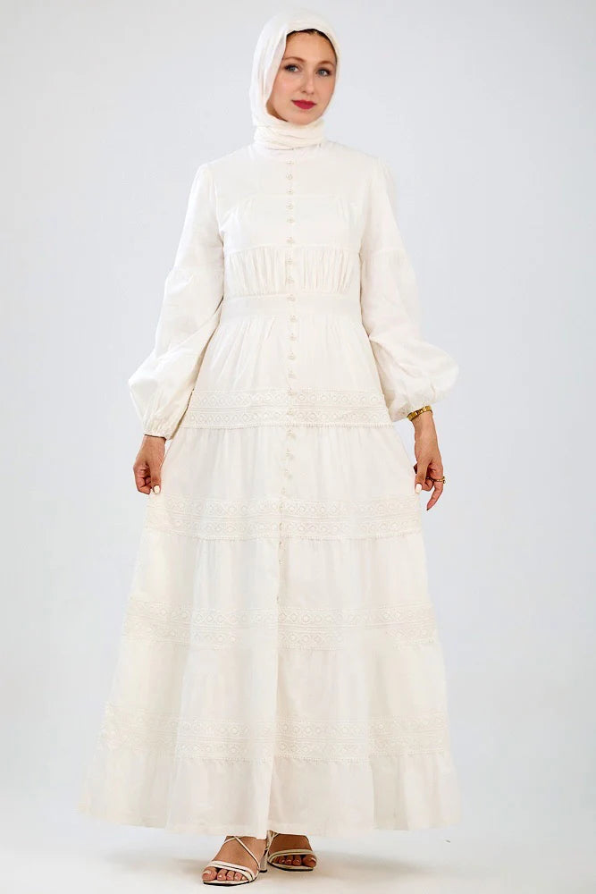 Ivory White Lace Maxi Dress with Button Detailing