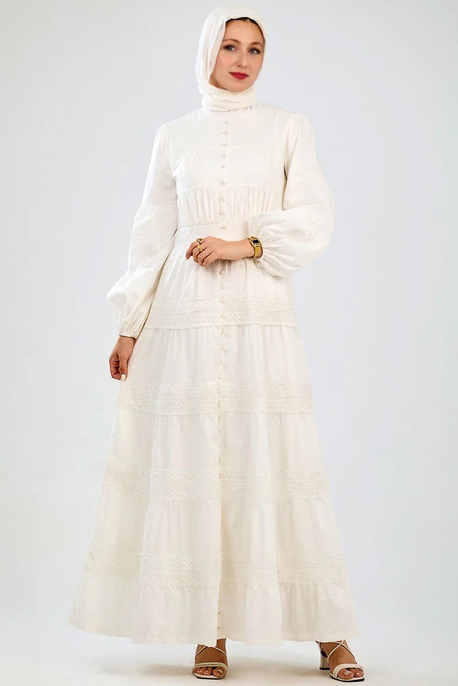 Ivory White Lace Maxi Dress with Button Detailing