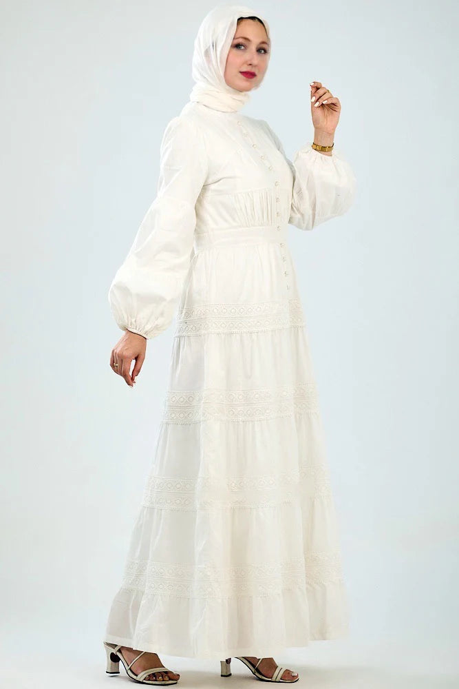 Ivory White Lace Maxi Dress with Button Detailing