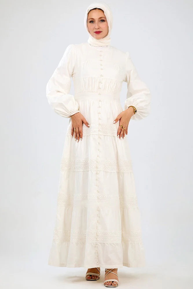 Ivory White Lace Maxi Dress with Button Detailing