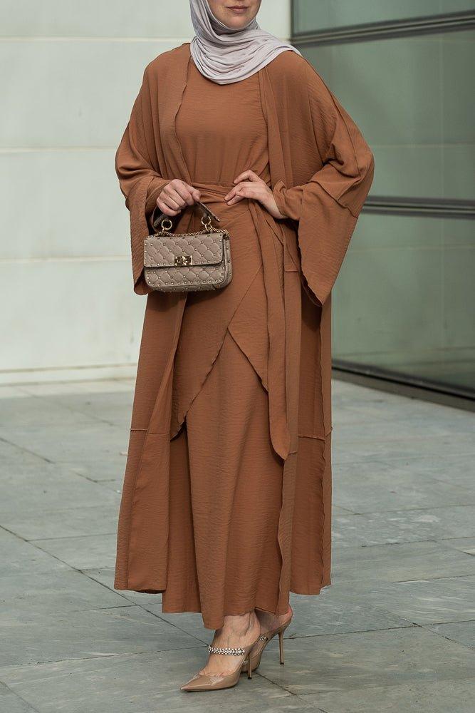 Reem 3-Piece Modest Abaya Set in rustic brown