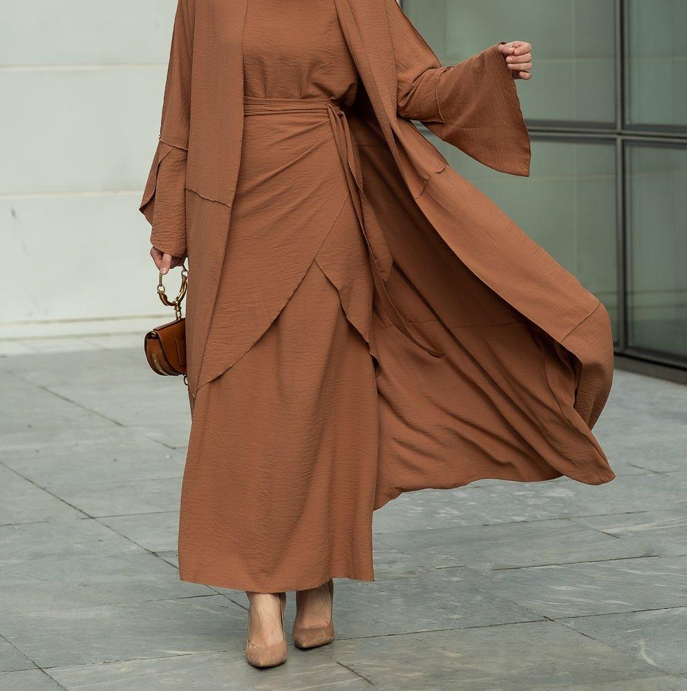 Reem 3-Piece Modest Abaya Set in rustic brown
