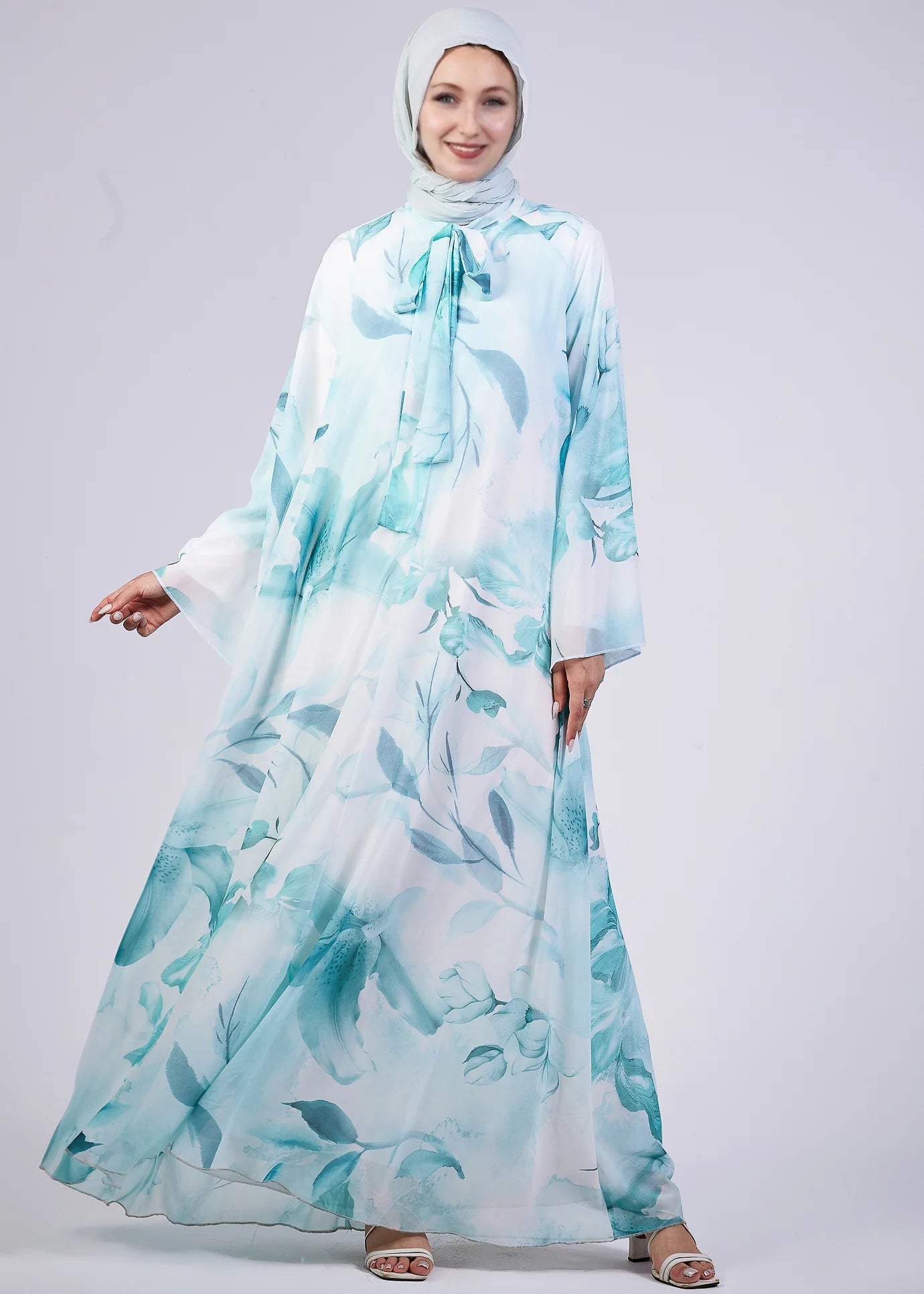 Modest Blue Floral Chiffon Maxi Dress