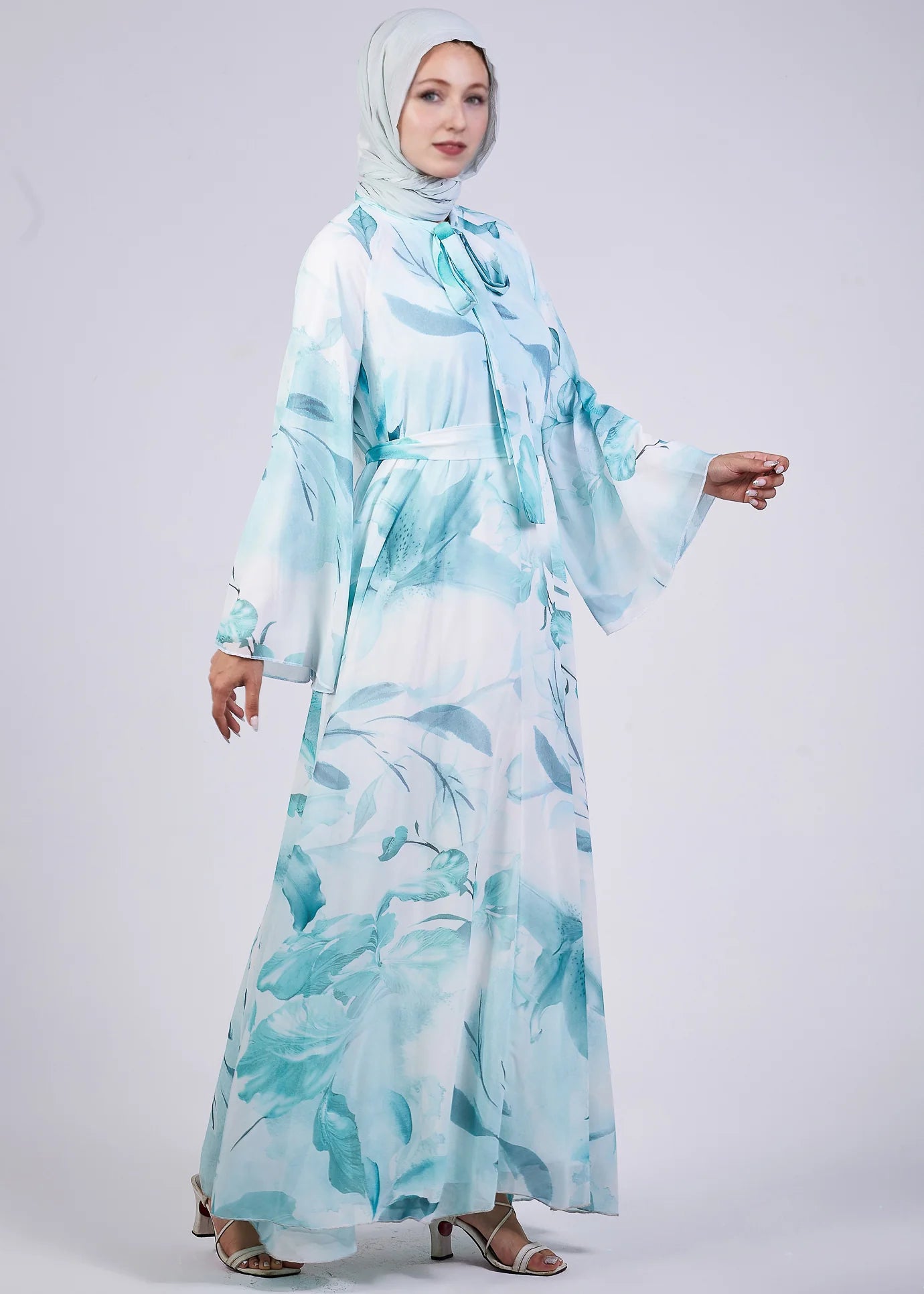 Modest Blue Floral Chiffon Maxi Dress